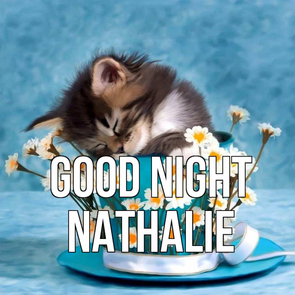 Greetings card с именем, Nathalie Good night котенок спит в кружке с блюдцем Greetings with text for free download 