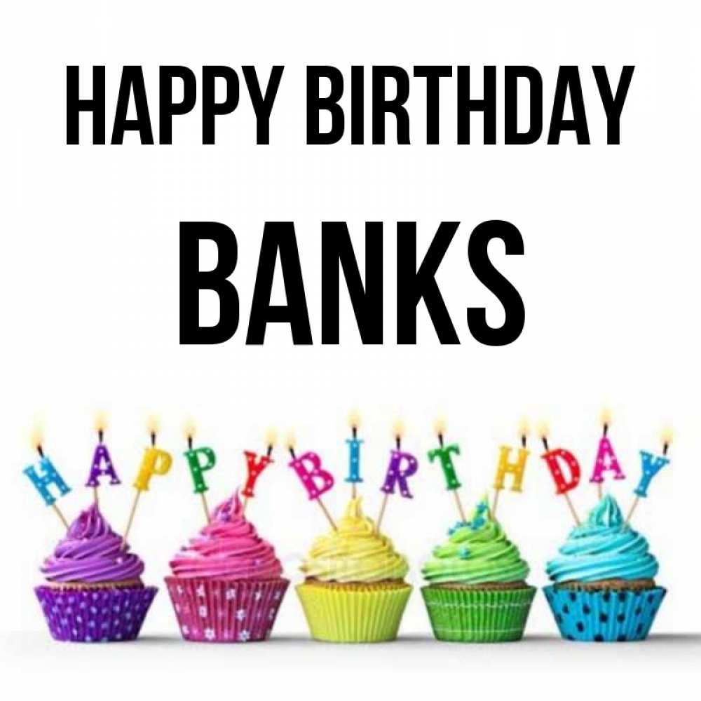 Greetings card с именем, Banks Happy Birthday открытка ко дню рождения с разноцветными вкусняшками Greetings with text for free download 