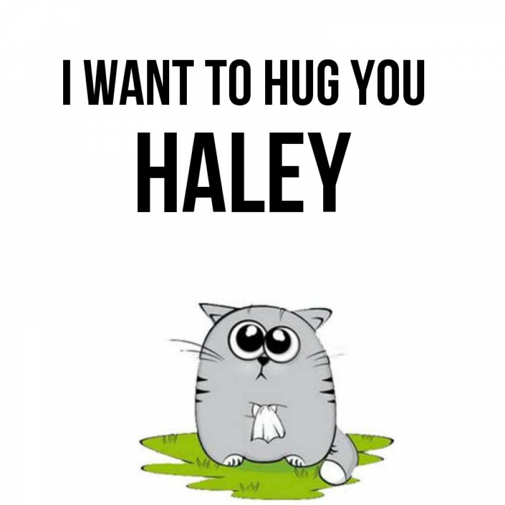 Greetings card с именем, Haley I want to hug you котик теребит платочек сидя на травке Greetings with text for free download 