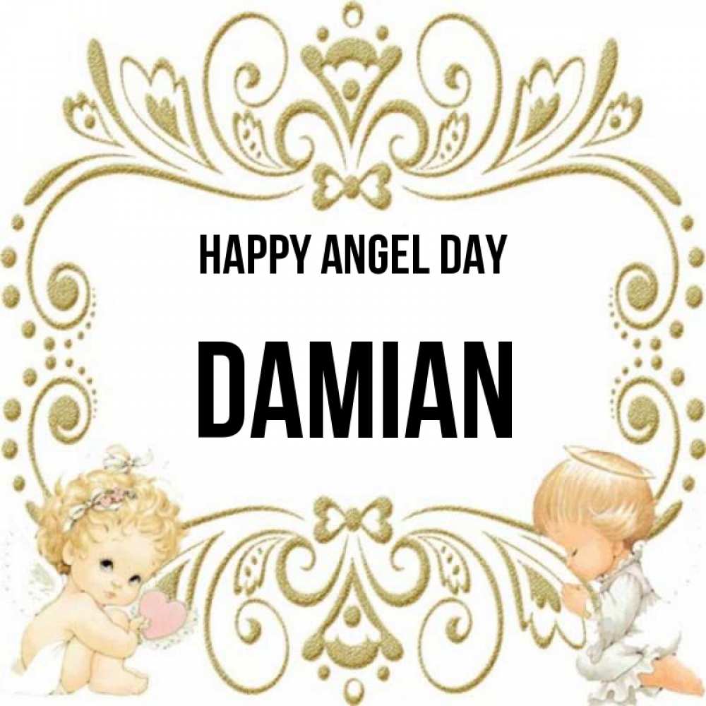Greetings card с именем, Damian happy angel day с именинами поздравляют два красивых ангела. Один с сердечком другой молится Greetings with text for free download 