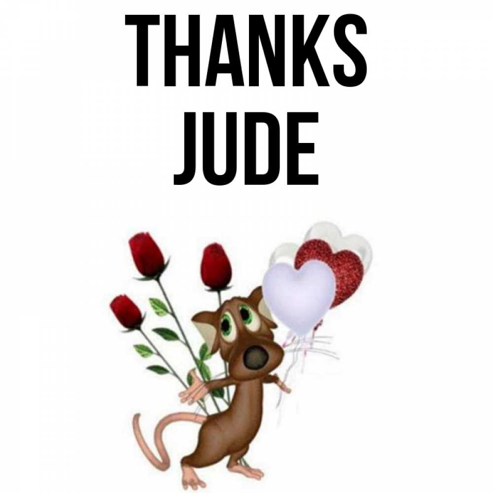 Greetings card с именем, Jude Thanks песик с шариками в форме сердец Greetings with text for free download 
