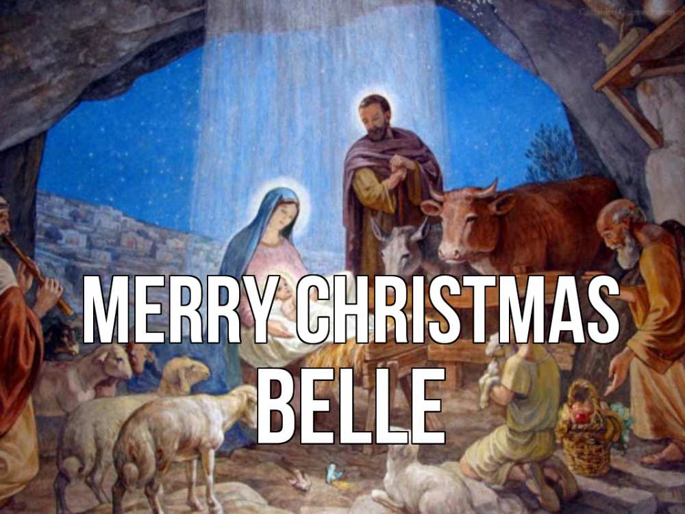 Greetings card с именем, Belle Merry Christmas Хлев с животными, Иисус, рождество Greetings with text for free download 