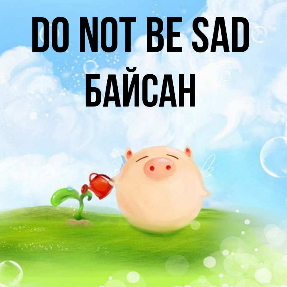 Greetings card с именем, Байсан Do not be sad поливает цветок порося Greetings with text for free download 