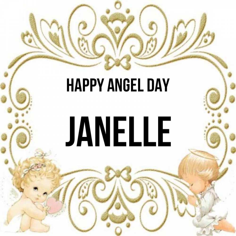 Greetings card с именем, Janelle happy angel day с именинами поздравляют два красивых ангела. Один с сердечком другой молится Greetings with text for free download 