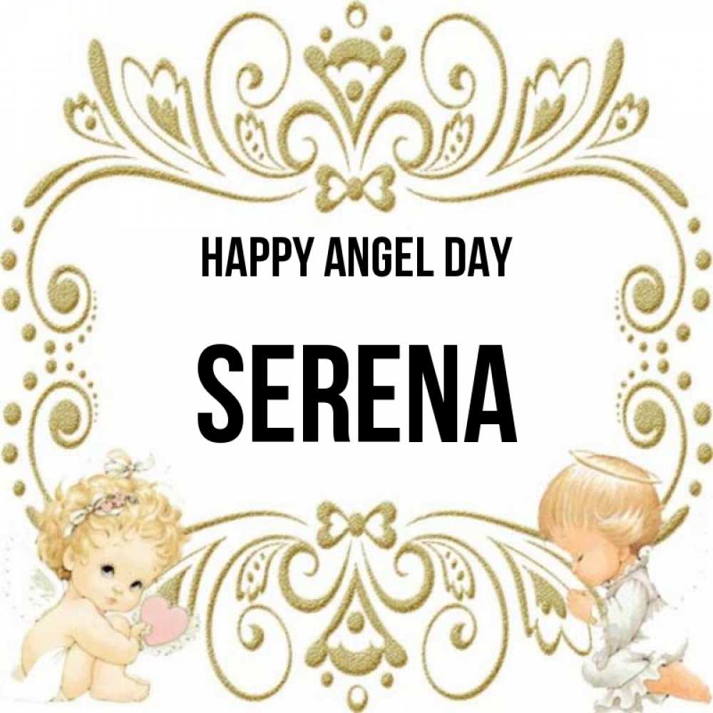 Greetings card с именем, Serena happy angel day с именинами поздравляют два красивых ангела. Один с сердечком другой молится Greetings with text for free download 