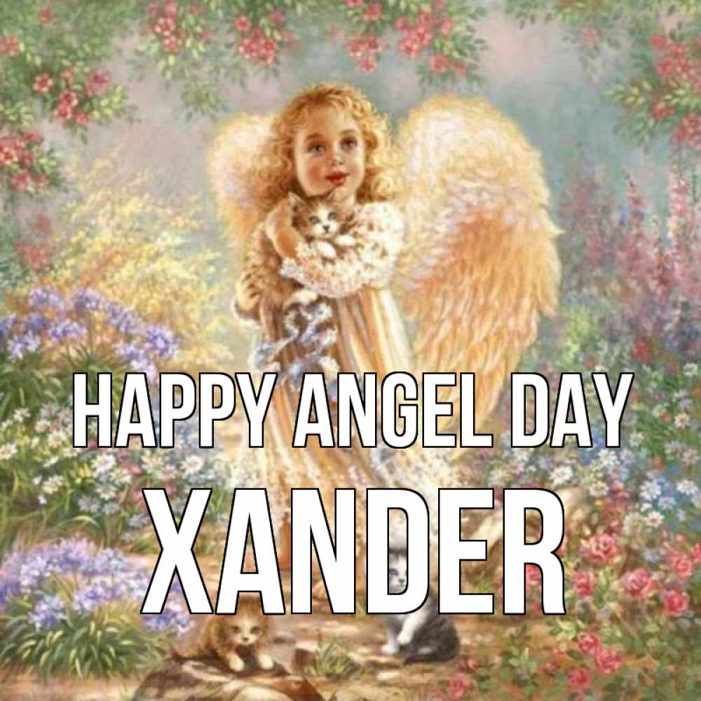 Greetings card с именем, Xander happy angel day держит котенка Greetings with text for free download 