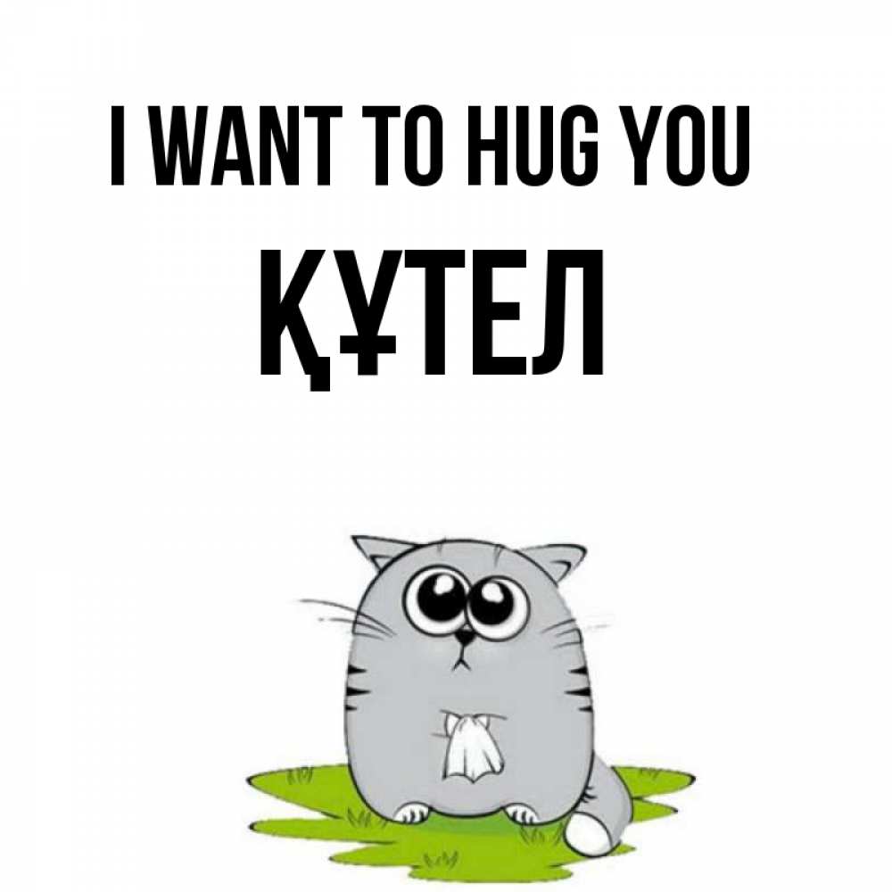 Greetings card с именем, ҚҰТЕЛ I want to hug you котик теребит платочек сидя на травке Greetings with text for free download 