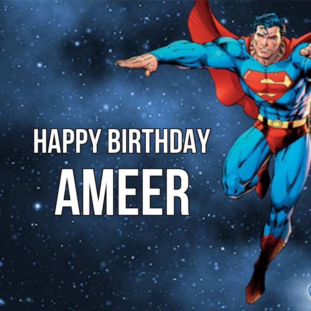 Greetings card с именем, Ameer Happy Birthday супергерой Greetings with text for free download 