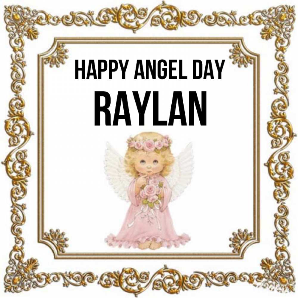 Greetings card с именем, Raylan happy angel day девочка ангел с крыльями и цветами в розовом платье Greetings with text for free download 