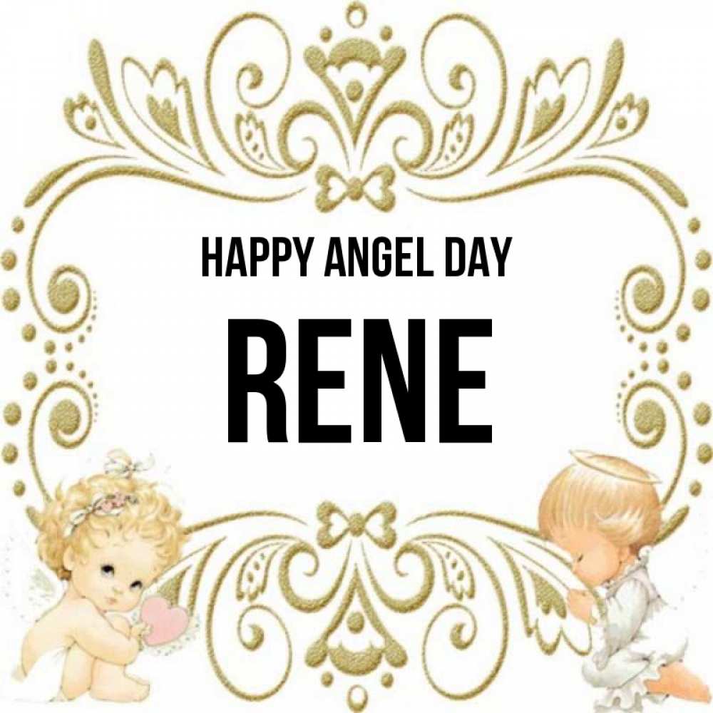 Greetings card с именем, Rene happy angel day с именинами поздравляют два красивых ангела. Один с сердечком другой молится Greetings with text for free download 