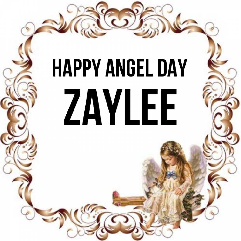 Greetings card с именем, Zaylee happy angel day рамочка из перьев и ангелочек Greetings with text for free download 