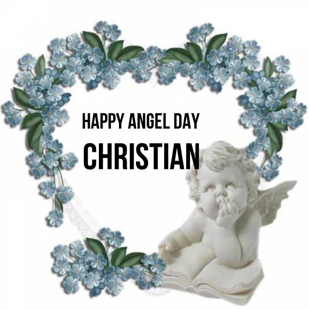 Greetings card с именем, Christian happy angel day голубые цветы и мраморный ангел Greetings with text for free download 