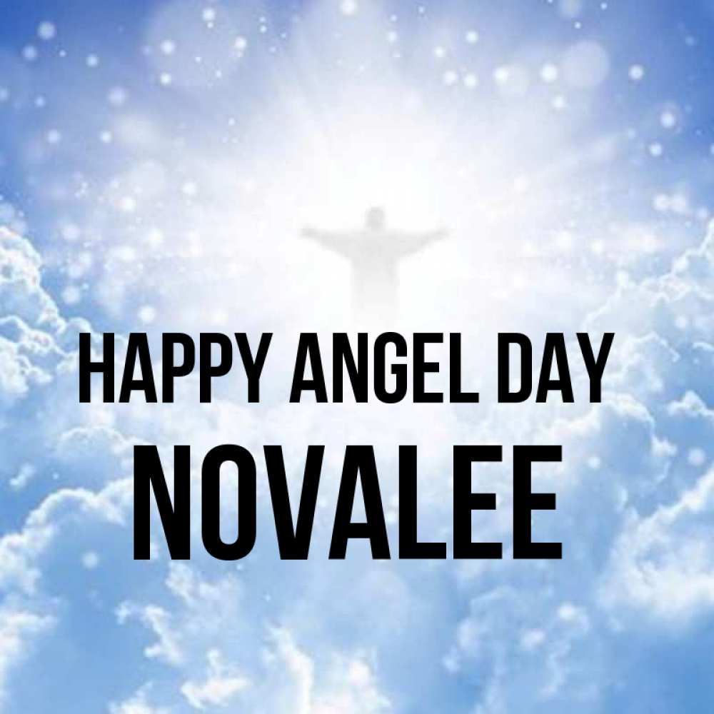Greetings card с именем, Novalee happy angel day ангел на облаках в свете солнца Greetings with text for free download 