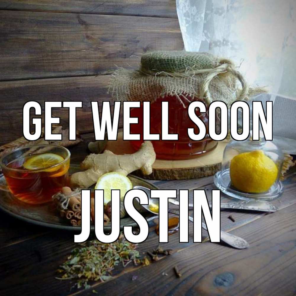 Greetings card с именем, Justin Get well soon банка с медом Greetings with text for free download 