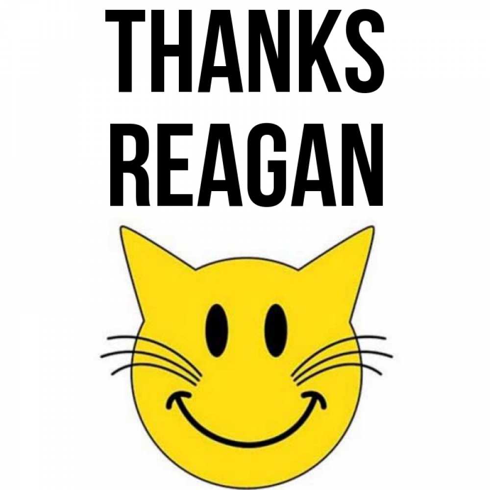 Greetings card с именем, Reagan Thanks улыбающийся смайл кот Greetings with text for free download 