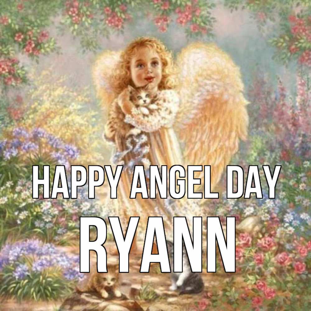 Greetings card с именем, Ryann happy angel day держит котенка Greetings with text for free download 