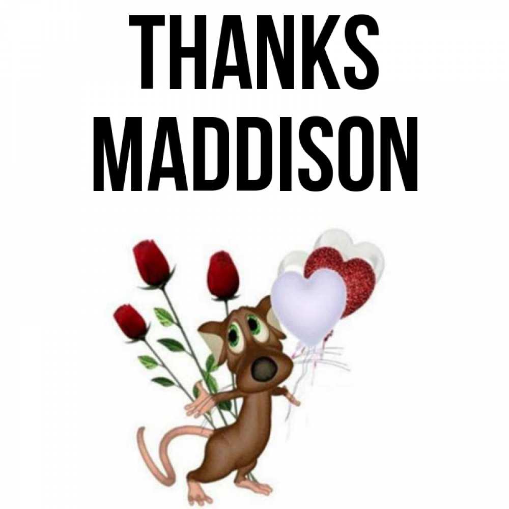 Greetings card с именем, Maddison Thanks песик с шариками в форме сердец Greetings with text for free download 
