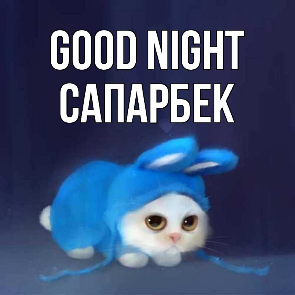 Greetings card с именем, САПАРБЕК Good night кот в голубом костюме кролика с ушками Greetings with text for free download 