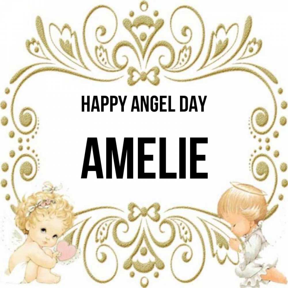 Greetings card с именем, Amelie happy angel day с именинами поздравляют два красивых ангела. Один с сердечком другой молится Greetings with text for free download 