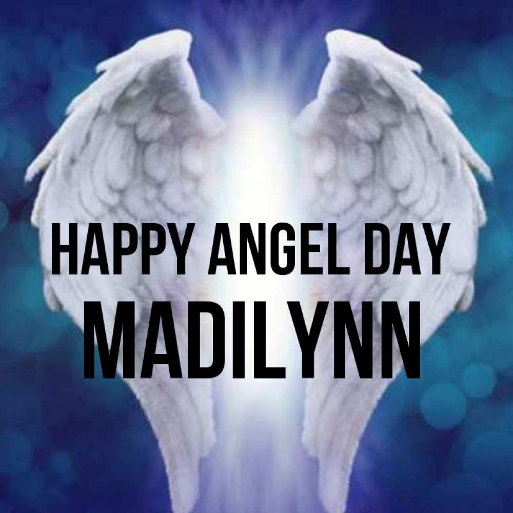 Greetings card с именем, Madilynn happy angel day синий фон и крылышки Greetings with text for free download 