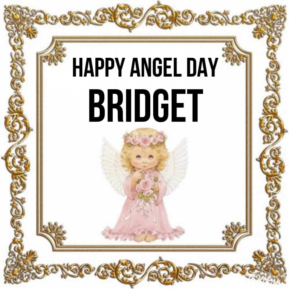 Greetings card с именем, Bridget happy angel day девочка ангел с крыльями и цветами в розовом платье Greetings with text for free download 