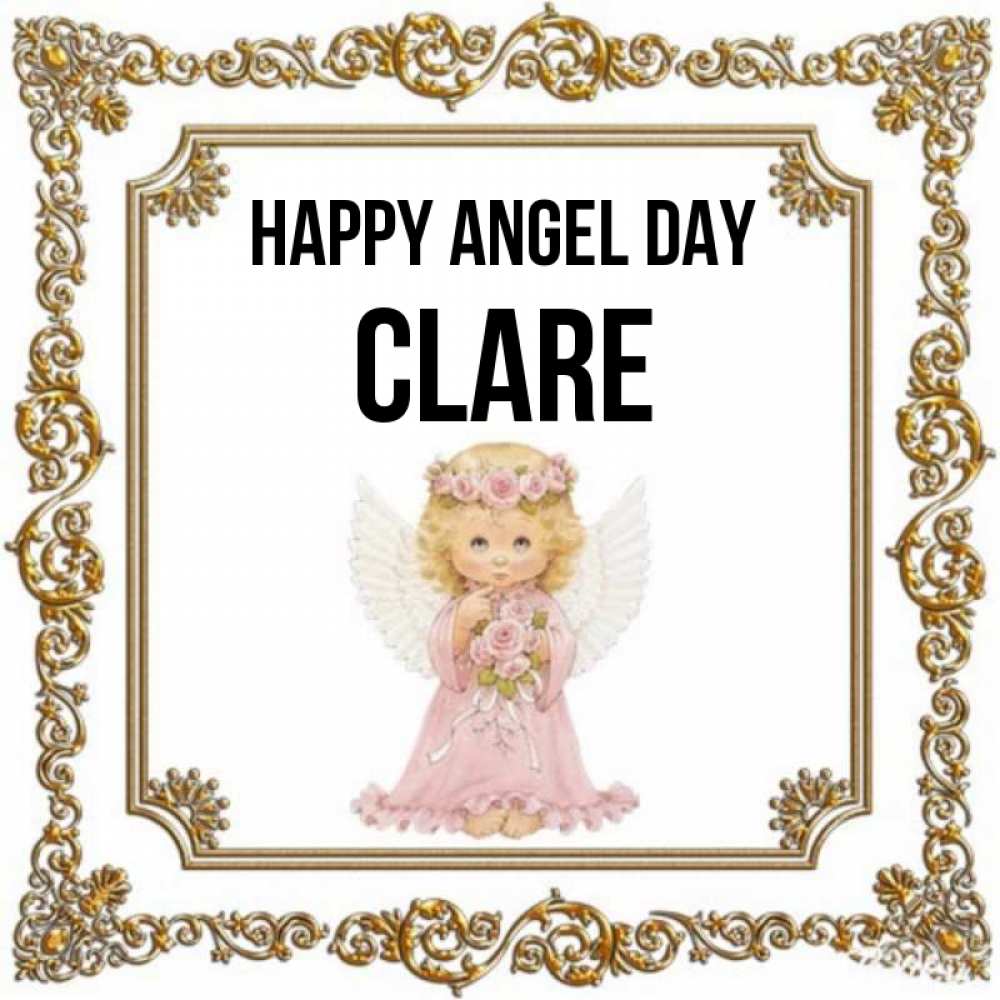 Greetings card с именем, Clare happy angel day девочка ангел с крыльями и цветами в розовом платье Greetings with text for free download 