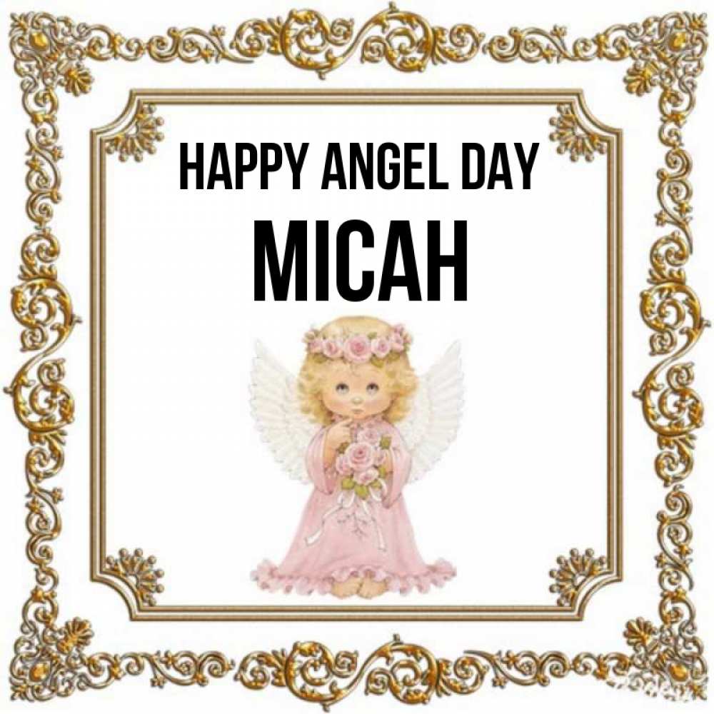 Greetings card с именем, Micah happy angel day девочка ангел с крыльями и цветами в розовом платье Greetings with text for free download 