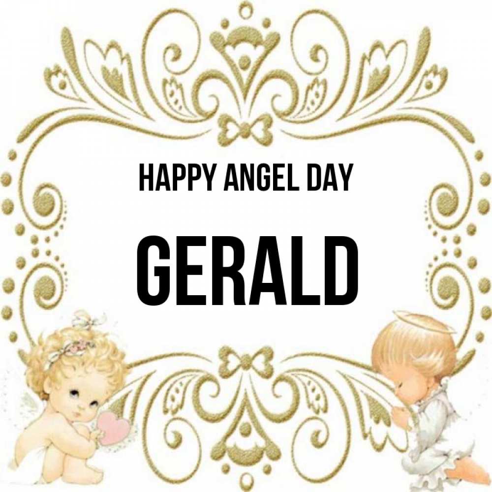Greetings card с именем, Gerald happy angel day с именинами поздравляют два красивых ангела. Один с сердечком другой молится Greetings with text for free download 