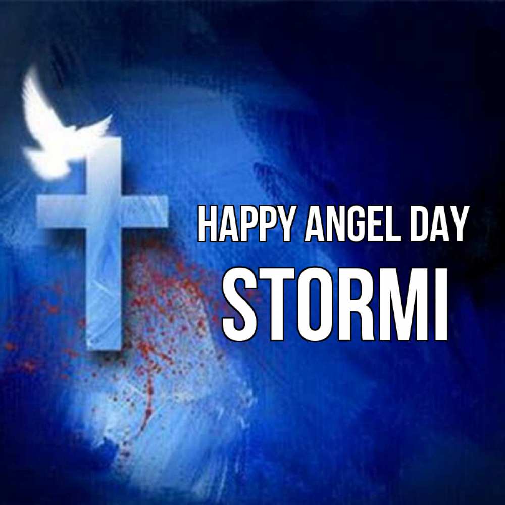 Greetings card с именем, Stormi happy angel day Синий фон и птица Greetings with text for free download 