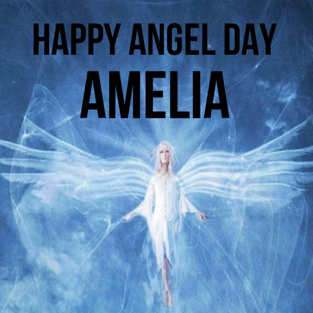 Greetings card с именем, Amelia happy angel day голубой фон и крылья как у стрекозы Greetings with text for free download 