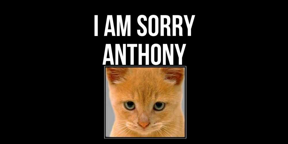 Greetings card с именем, Anthony I am sorry рыжий грустный кот просит прощения Greetings with text for free download 