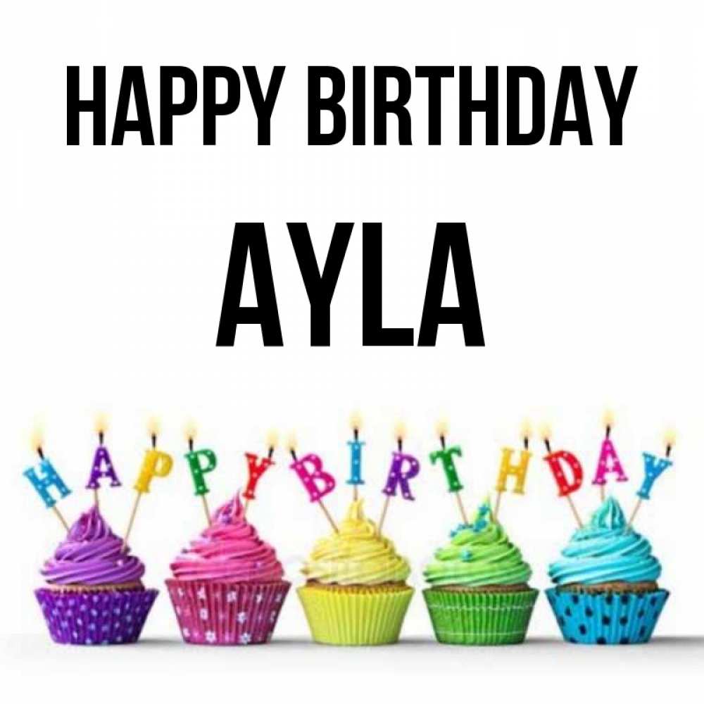 Greetings card с именем, Ayla Happy Birthday открытка ко дню рождения с разноцветными вкусняшками Greetings with text for free download 