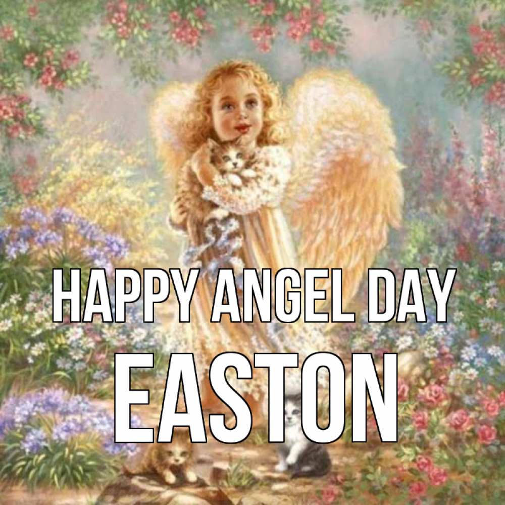 Greetings card с именем, Easton happy angel day держит котенка Greetings with text for free download 