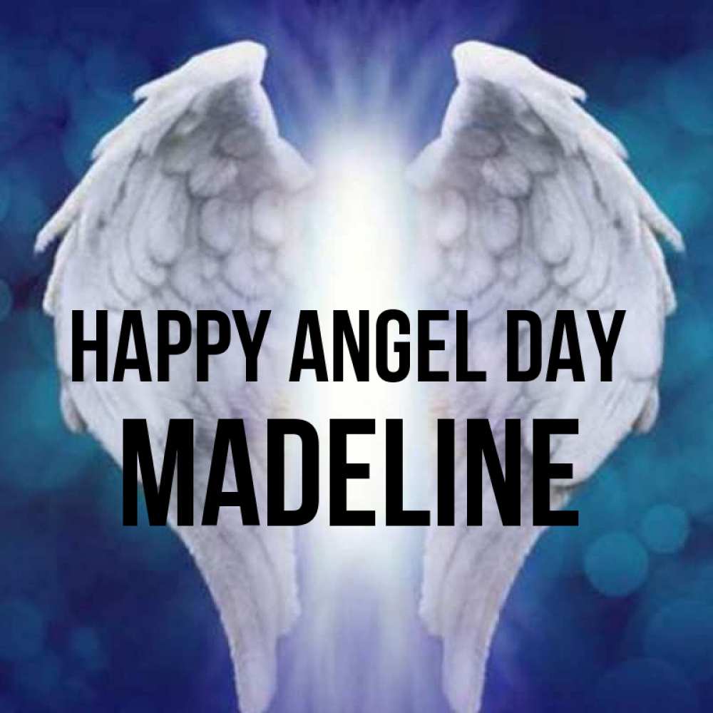 Greetings card с именем, Madeline happy angel day синий фон и крылышки Greetings with text for free download 