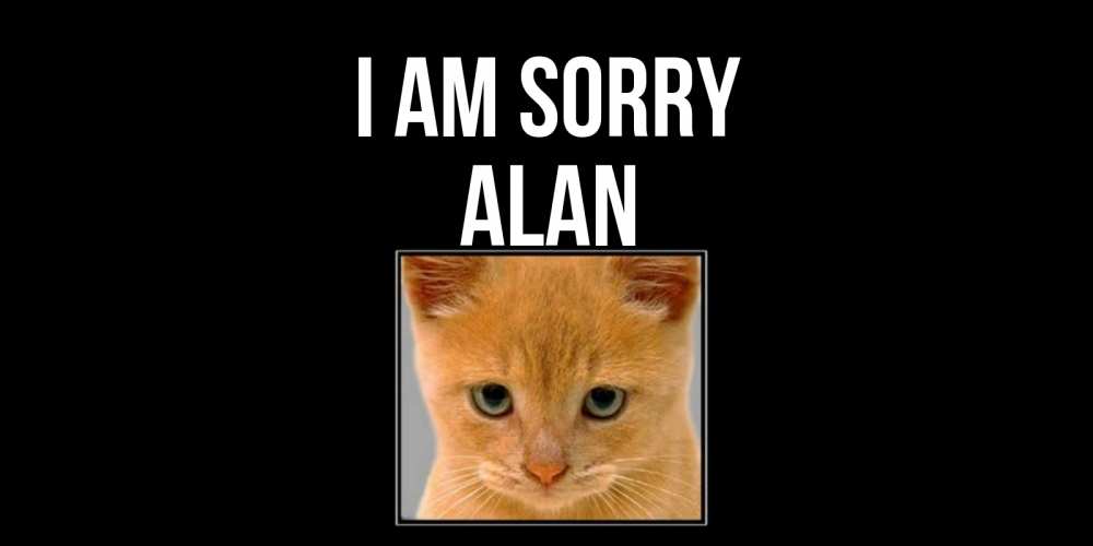 Greetings card с именем, Alan I am sorry рыжий грустный кот просит прощения Greetings with text for free download 