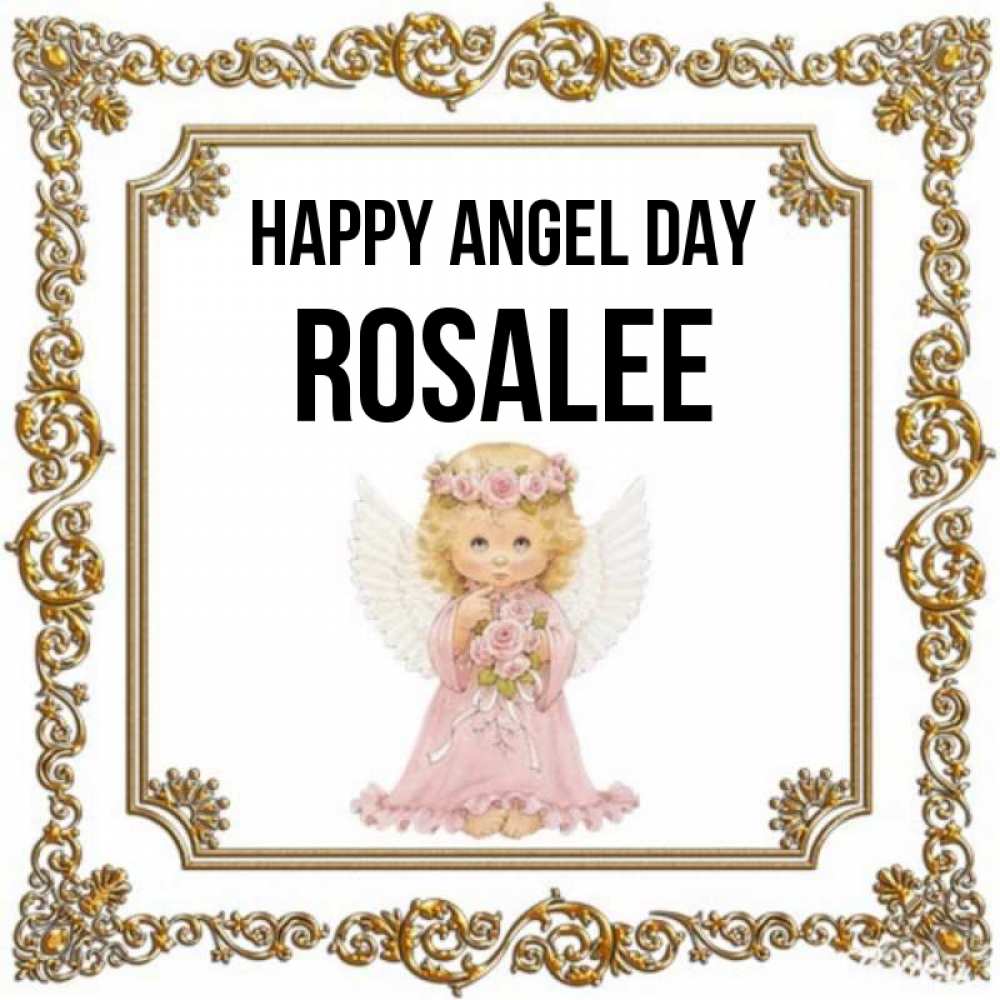 Greetings card с именем, Rosalee happy angel day девочка ангел с крыльями и цветами в розовом платье Greetings with text for free download 