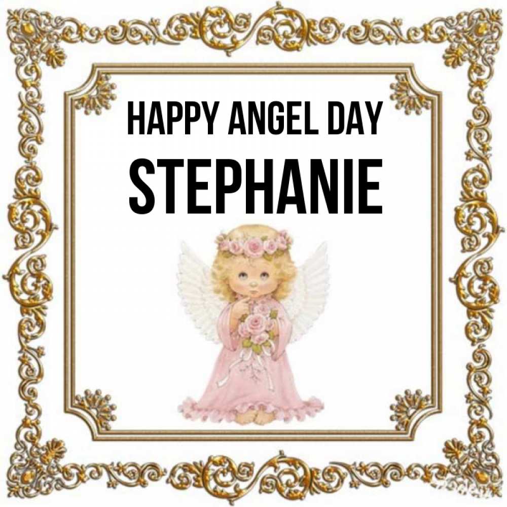 Greetings card с именем, Stephanie happy angel day девочка ангел с крыльями и цветами в розовом платье Greetings with text for free download 