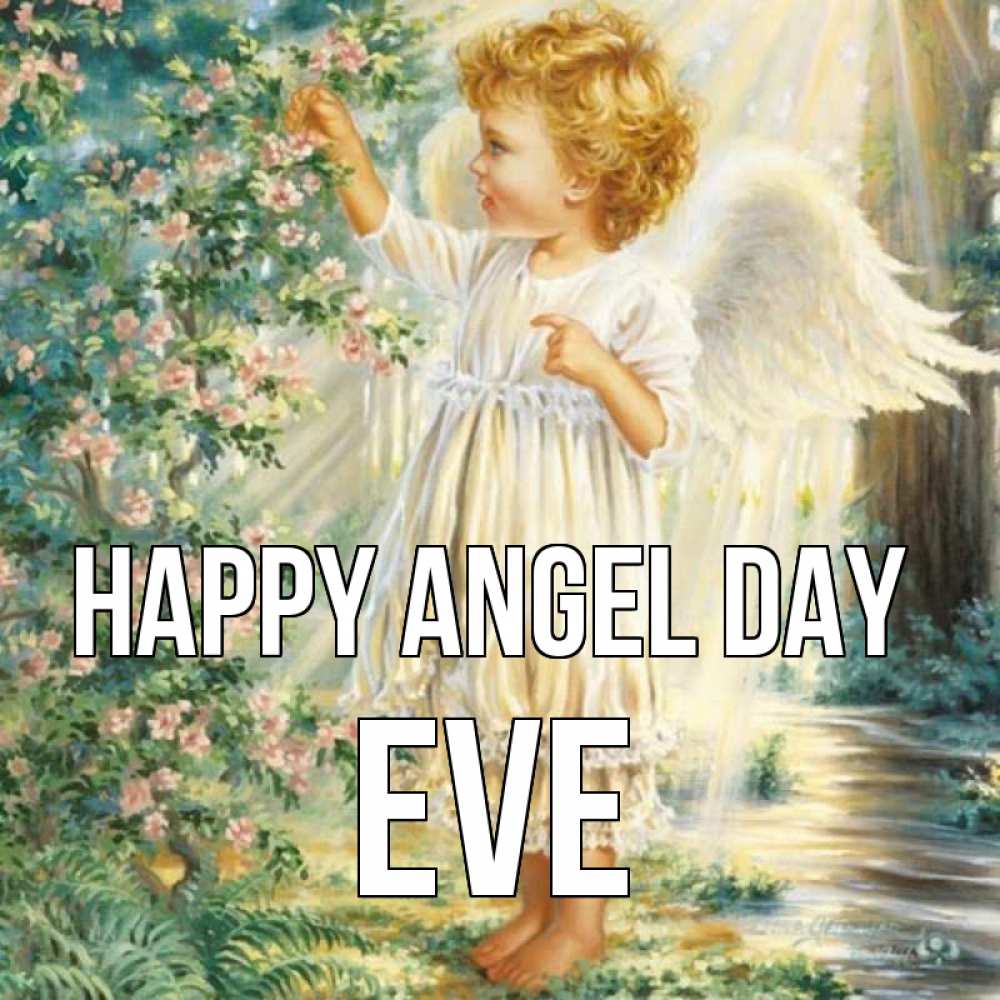 Greetings card с именем, Eve happy angel day собирает цветы Greetings with text for free download 