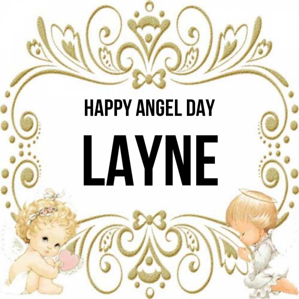 Greetings card с именем, Layne happy angel day с именинами поздравляют два красивых ангела. Один с сердечком другой молится Greetings with text for free download 