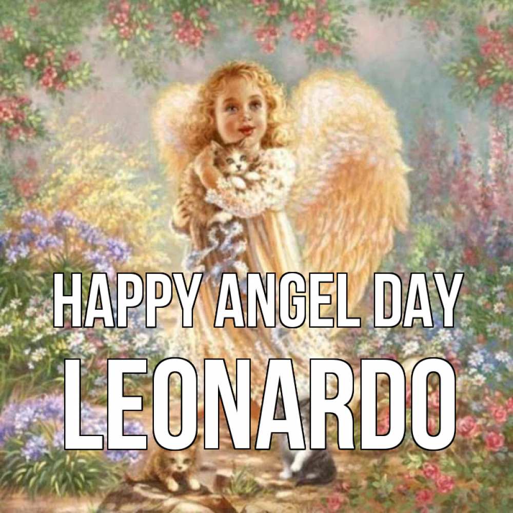 Greetings card с именем, Leonardo happy angel day держит котенка Greetings with text for free download 