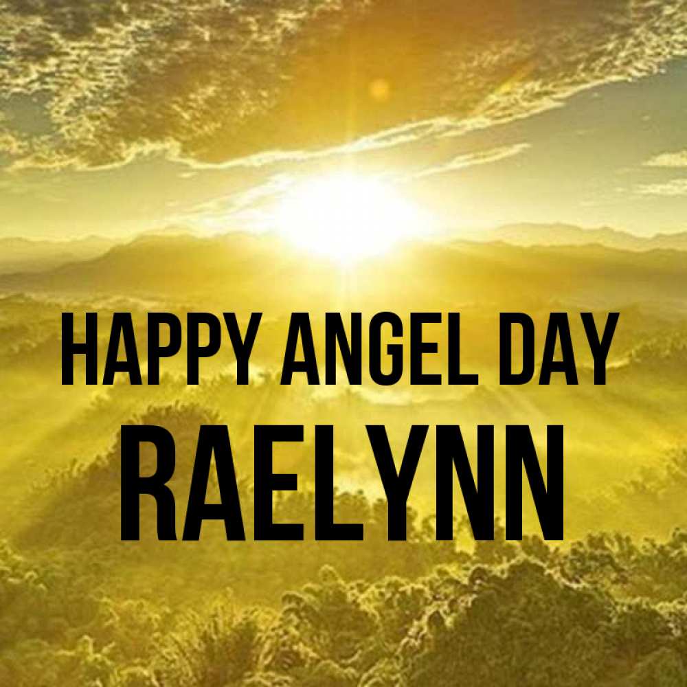 Greetings card с именем, Raelynn happy angel day леса и небо в желтом Greetings with text for free download 