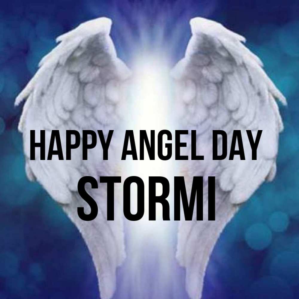 Greetings card с именем, Stormi happy angel day синий фон и крылышки Greetings with text for free download 
