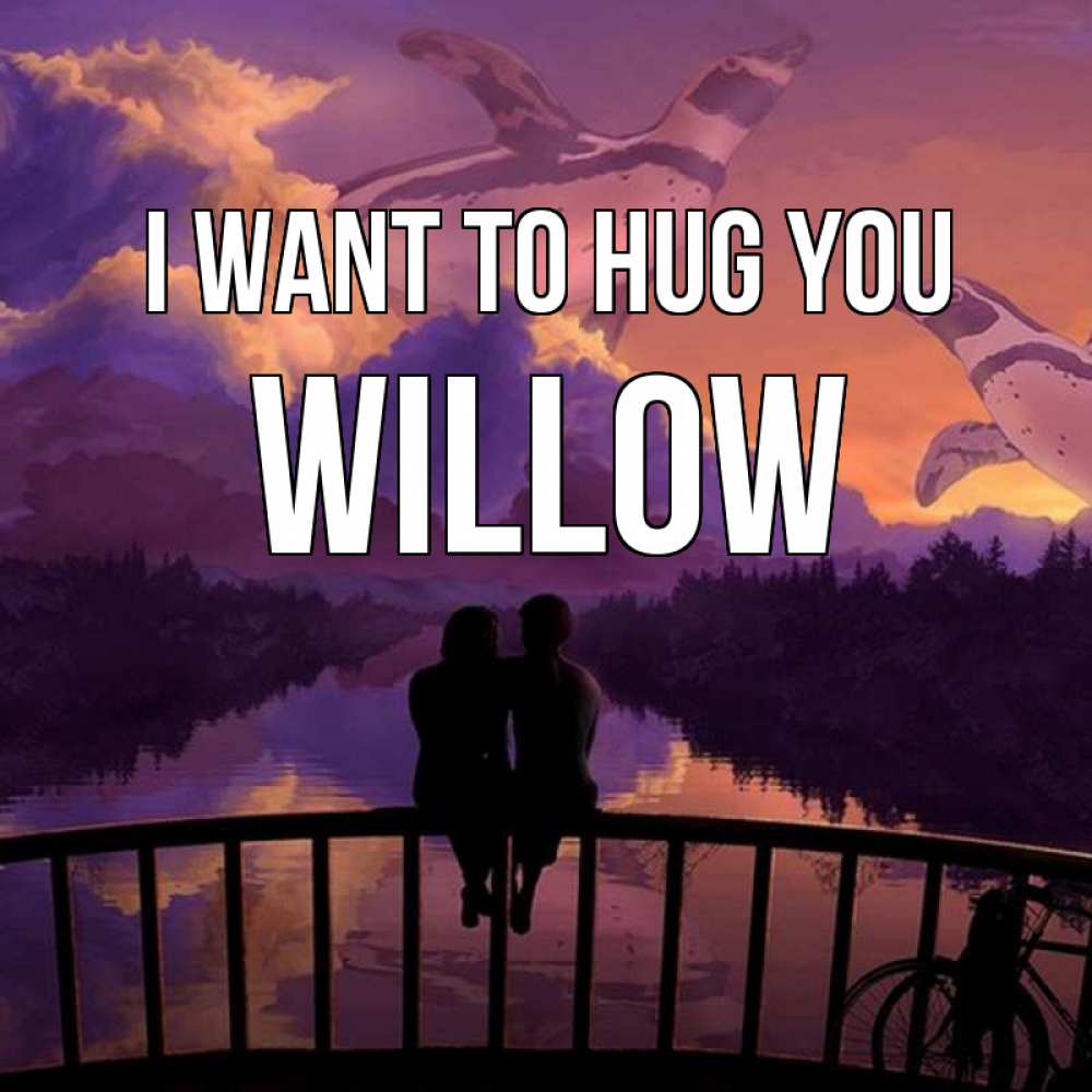 Greetings card с именем, Willow I want to hug you парочка сидит на мосте или на набережной Greetings with text for free download 