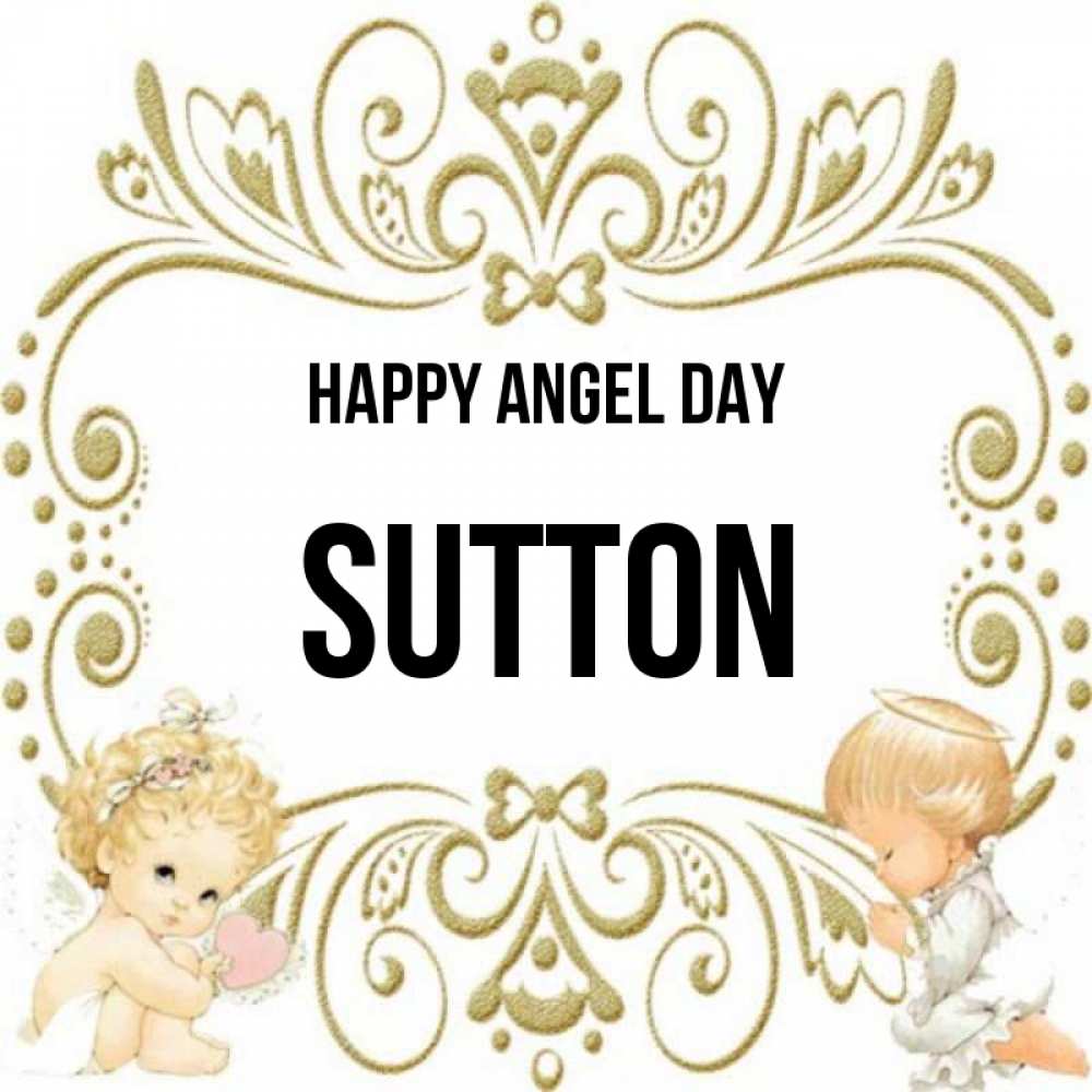 Greetings card с именем, Sutton happy angel day с именинами поздравляют два красивых ангела. Один с сердечком другой молится Greetings with text for free download 