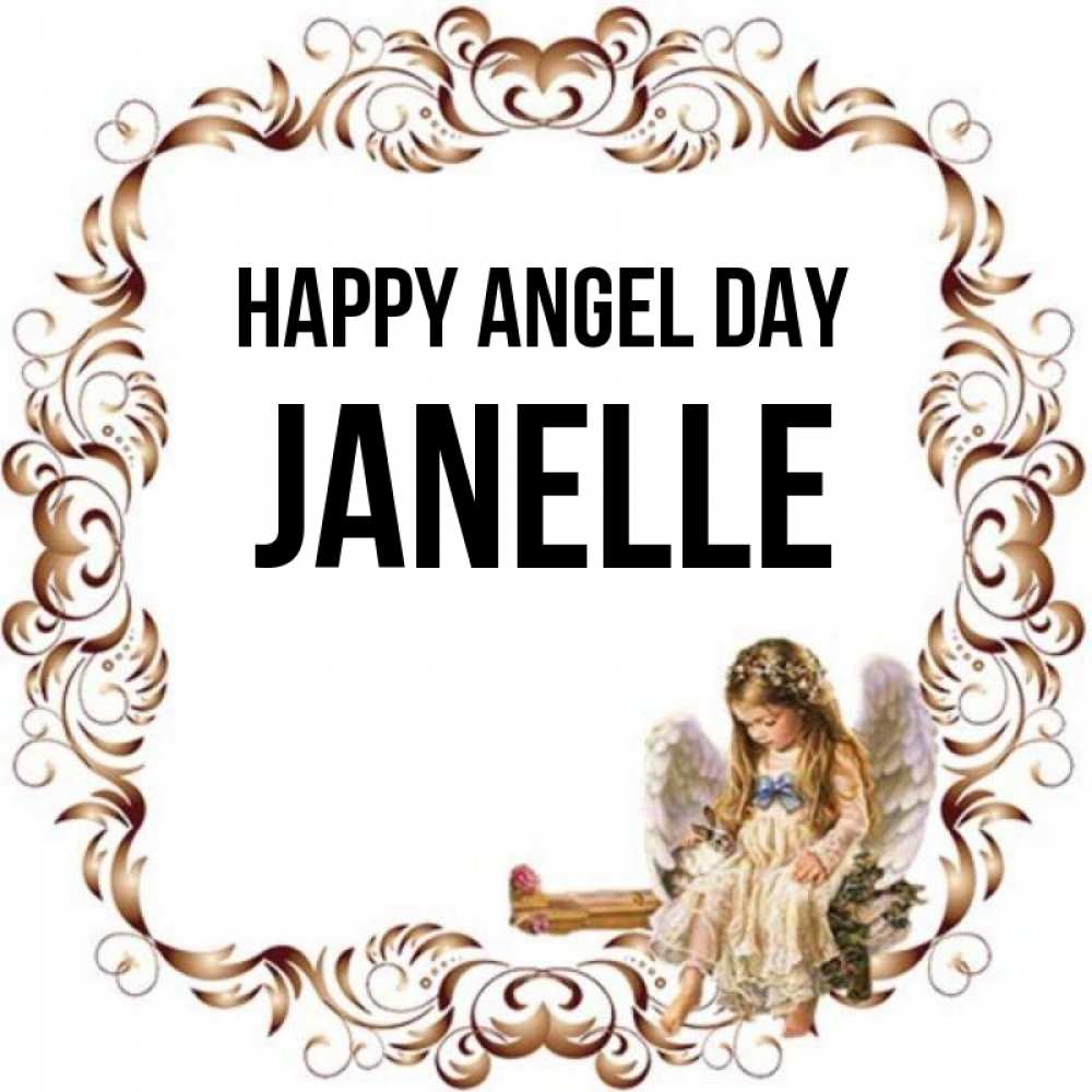 Greetings card с именем, Janelle happy angel day рамочка из перьев и ангелочек Greetings with text for free download 