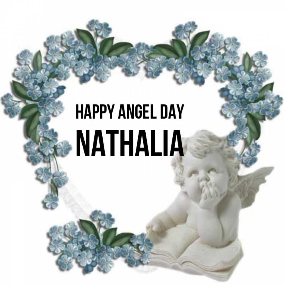 Greetings card с именем, Nathalia happy angel day голубые цветы и мраморный ангел Greetings with text for free download 