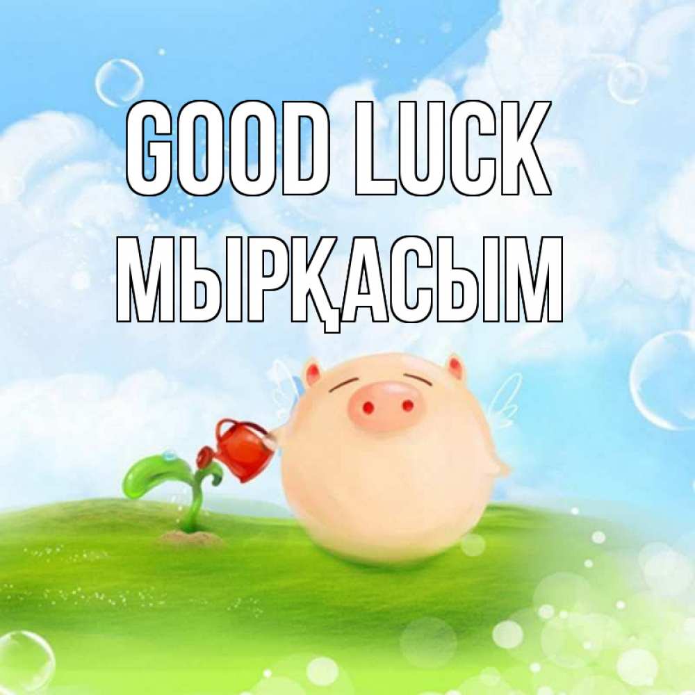 Greetings card с именем, МЫРҚАСЫМ Good luck поросенок поливает цветок. летнее настроение Greetings with text for free download 