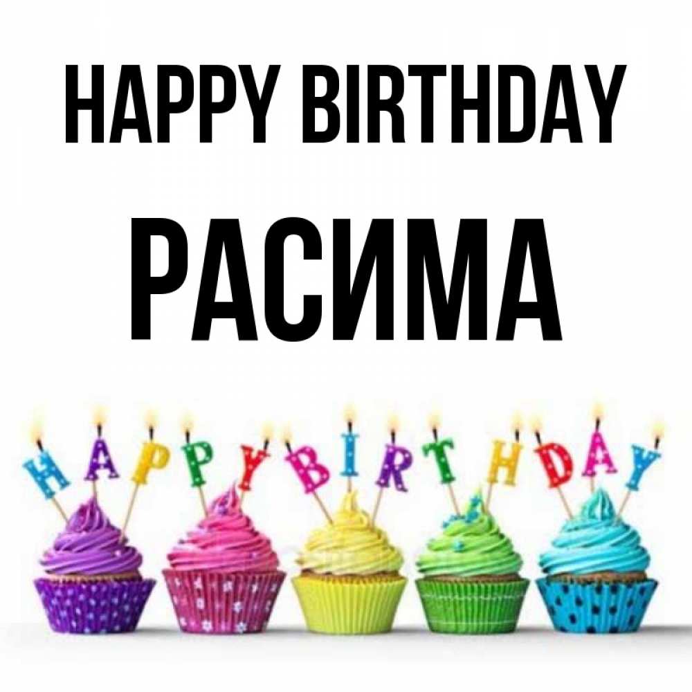 Greetings card с именем, РАСИМА Happy Birthday открытка ко дню рождения с разноцветными вкусняшками Greetings with text for free download 