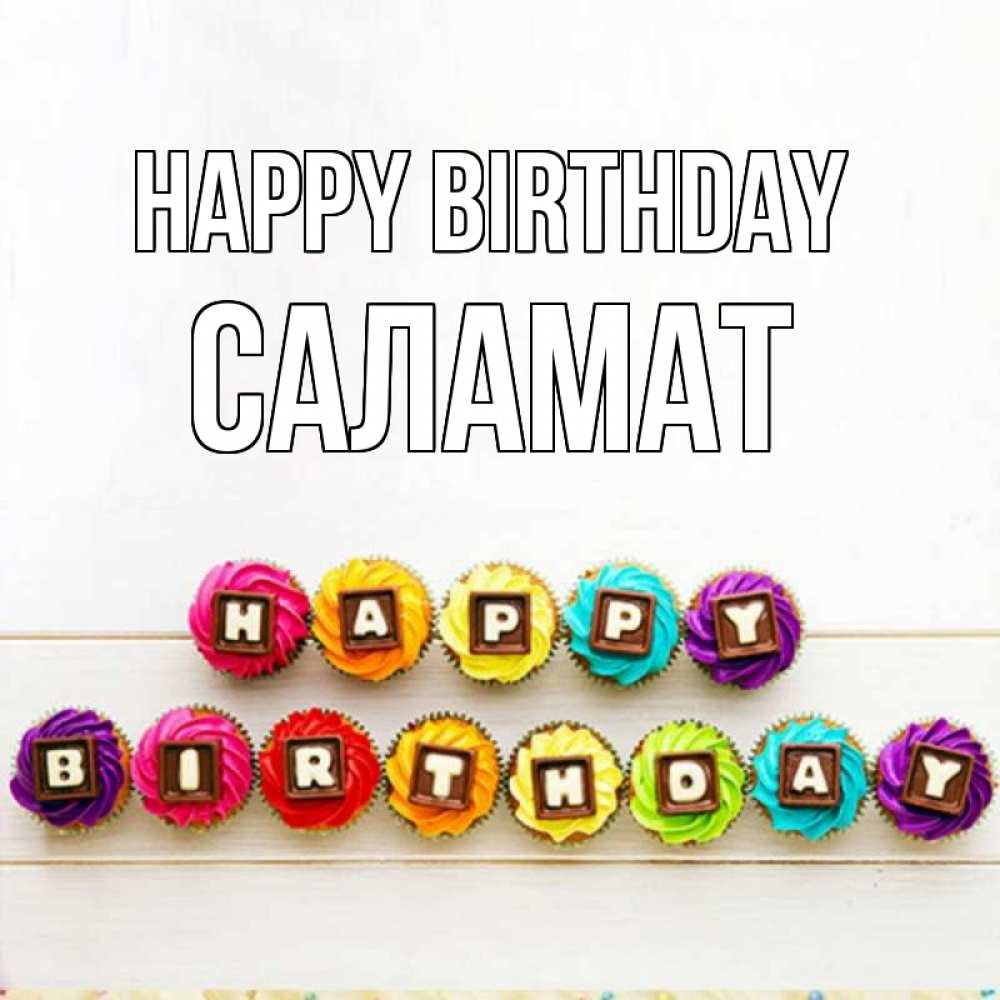 Greetings card с именем, САЛАМАТ Happy Birthday из кексов и шоколада Greetings with text for free download 