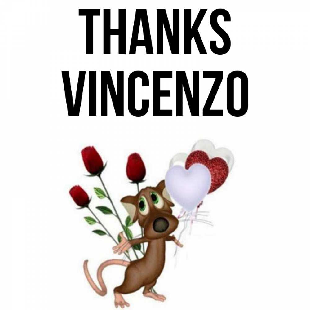 Greetings card с именем, Vincenzo Thanks песик с шариками в форме сердец Greetings with text for free download 